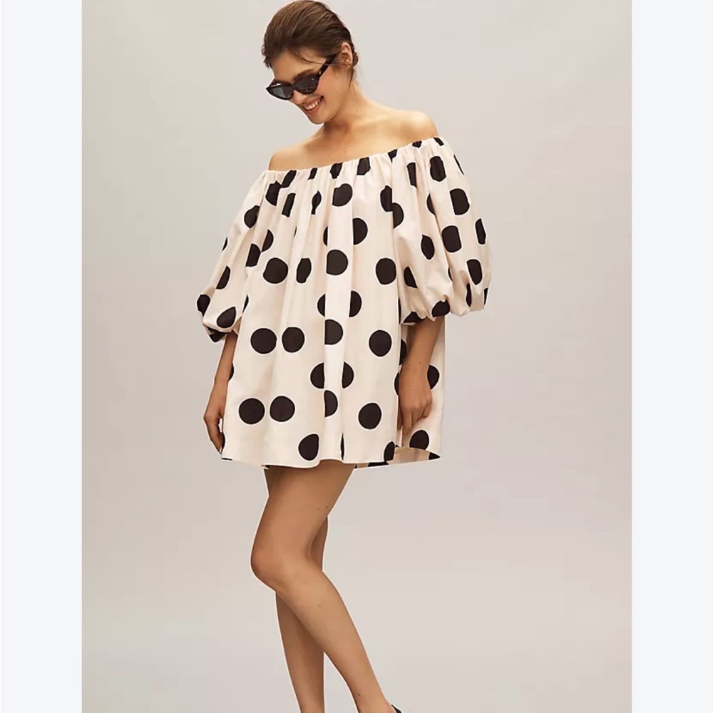 Signature8 Off-Shoulder Polka Dot Mini Dress in Cream and Black